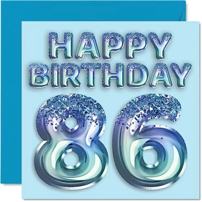 Image of 86th Birthday Card for Men Blue Glitter Party Balloon Happy Cards 86 Year Old Man Great Grandpa Grandad Dad Gran, 145mm x Eighty Six Sixth Bday Greeting Gift