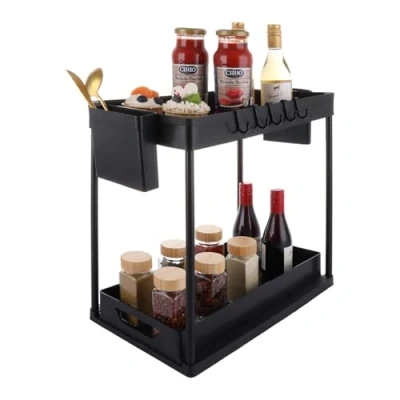 Image of ASelected Under Sink Storage Kitchen Organiser 2 Tier Sliding Shelf with 5 Hooks and Hanging Cup for Kitchen, Bathroom, Pantry, Black