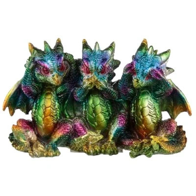 Image of Puckator Rainbow Dragon Metallic Hear No See Speak Evil Home Decoration Metllic Ornaments Resin Accessories Living Room Fantasy Gifts For Men