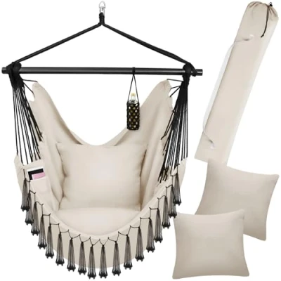 Image of tectake® Hanging Chair in Boho Hammock Style with Tassels, Thick Cushions, Breathable Fabric, Side Pocket &amp; Drink Holder, Incl. Carrying Bag Durable Swing for Indoor Outdoor Use Beige