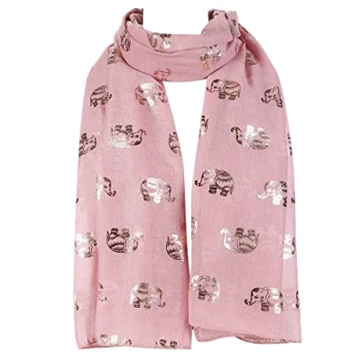 Image of London Scarfs New Ladies Women&#039;s Glitter Celebrity Designer Scarf Women Shawl Wrap (Gold Foil Elephant Dusty Pink)