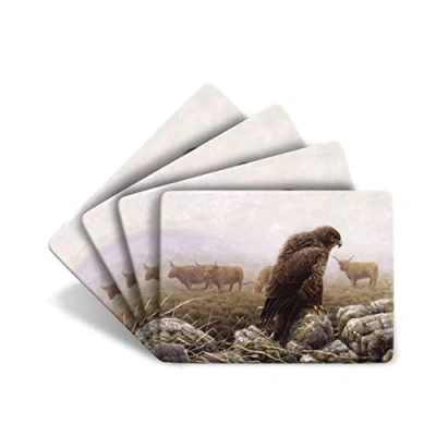 Image of Julian Friers Buzzard and Highland Cattle Large Table Mats by Wildlife Artist Set of 4 Non slip Cork backed Placemat