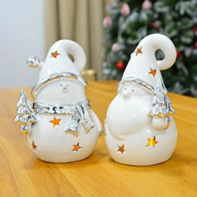 Image of Set of 2 Christmas Tealight Candle Holders Ceramic Snowman Santa White Silver