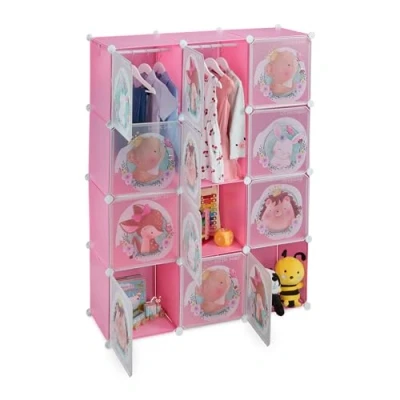 Image of Relaxdays Plug in Shelving Unit for Kids, 2 Clothes Rods, Doors with Animals, HxWxD: 145x110x37 cm, DIY Wardrobe, Pink