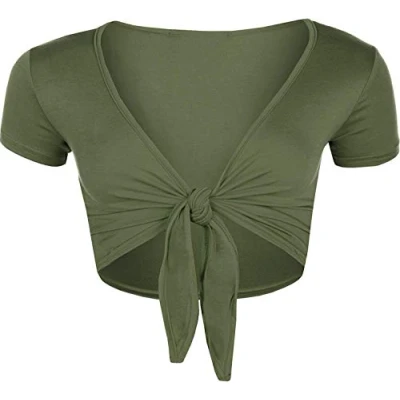 Image of STAR FASHION Women Cap Sleeve Bolero Shrug Tie Up Front Cropped Cardigan Short Sleeves Top Khaki UK 12 14