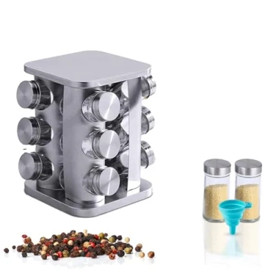 Image of VR7 Stainless Steel 360 Rotatable Spice Rack &amp; 12 Jars With Lids and Labels Free Standing Kitchen Spices Rotating Organiser Spinning Large Revolving Carousel Glass Holder