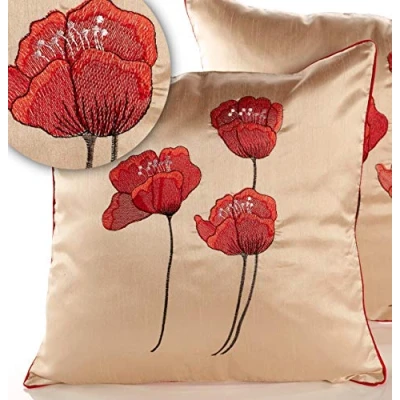 Image of Ideal Textiles Cream Cushion Cover Poppies Embroidered 18&quot; x