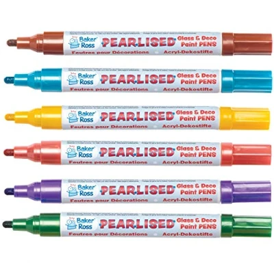 Image of Baker Ross AT486 Glass Paint Markers Pack of 6, Pearl Finish Marker Set, Art And Craft Supplies