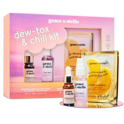 Image of grace &amp; stella Award Winning Dew Tox Chill Skincare Gift Set Christmas Stocking Stuffer with Gold Eye Masks, Hyaluronic Acid Serum Rose Spray Birthday Gifts for Women, Teens, Mom, Brides