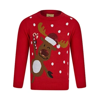 Image of Tokyo Laundry Girls Peeking Reindeer Novelty Christmas Jumper Red 5 6 Years