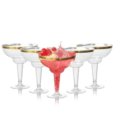 Image of MATANA 12 Elegant Plastic Margarita Cocktail Glasses with Gold Rim (360ml / 12oz) Sturdy &amp; Reusable Daiquiri Martini for Weddings Birthdays, Christmas Outdoor Parties