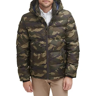 Image of Tommy Hilfiger Men&#039;s Down Alternative Hooded Puffer Jacket (Standard and Big &amp; Tall) Coat, Olive Camouflage, L