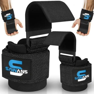 Image of SAWANS Weight Lifting Hooks Thick Padded Neoprene Rubber Coated Grips 8mm Wrist Support Pair of Straps with Fitness Training Power Weightlifting Deadlifts Exercise (Black)