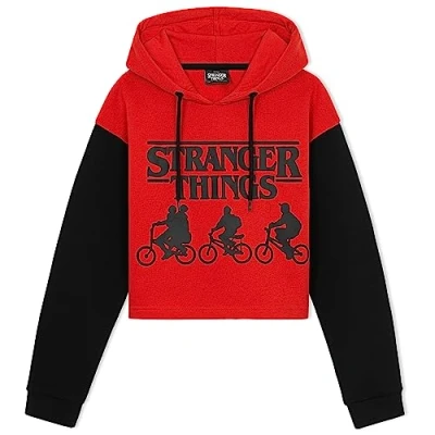 Image of Stranger Things Girls Cropped Hoodie, Casual Hooded Pullover Gifts (Red/Black, 9 10 Years)