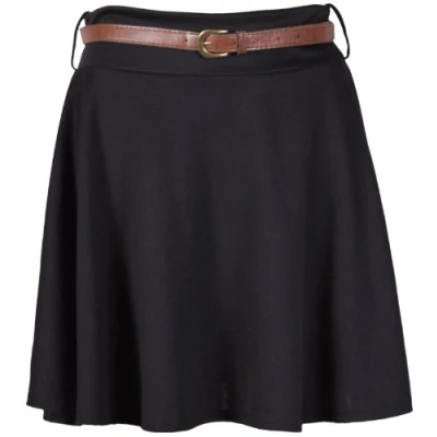 Image of Womens Plain Waist Detachable Belted Ladies Stretch Flared Flippy Short Skater Jersey Mini Skirt Black Size 20 (XXL)