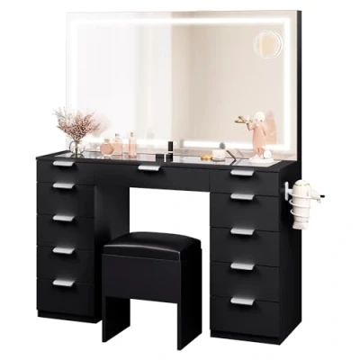 Image of YITAHOME Dressing Table &amp; stool set,Vanity Desk w/ 3 Color LED Lights Mirror,Lights Brightness Adjustable,Transparent Glass Top Vanity with 11 Drawers,Power Outlet,Black Makeup for Bedroom