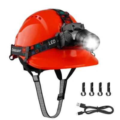Image of Mustbau Hard Hat with Head Torch Safety Helmet Sensor LED Headlight,Adjustable Vented Hardhats and Rechargeable Headlamp Set EN397 for Construction Worker Red