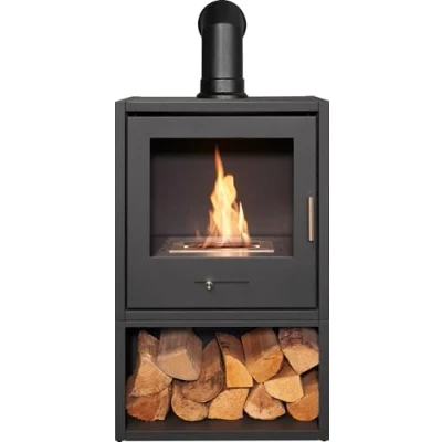 Image of OKO S3 Bio Ethanol Stove with Log Storage in Charcoal Grey &amp; Angled Pipe