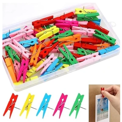 Image of Push Pins with Wooden Clips 50PCS Pegs Pushpins, Multicoloured Drawing for Cork Boards Notes Photos Display Wall