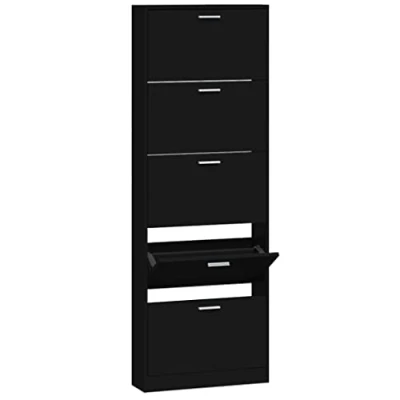 Image of vidaXL Modern Black Shoe Cabinet Engineered Wood Storage Cupboard with 5 Pull Down Drawers for Hallway, Living Room and Bedroom Organisation