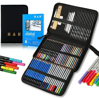 Image of H &amp; B Drawing Pencils and Sketch Pad 72 Pieces, Artist Colouring Sketching Set, Complete Kit Includes Graphite Pencils,Colour for Kids,Adults