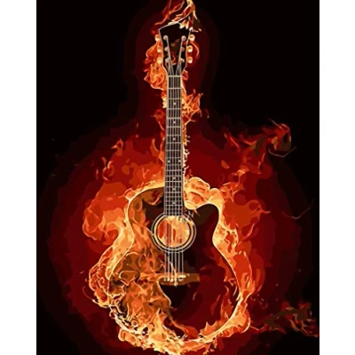 Image of Awesocrafts Paint by Numbers Kits, Fire Guitar Music Number Painting for Adults and Kids 16x20 inch (Guitar, No Frame)
