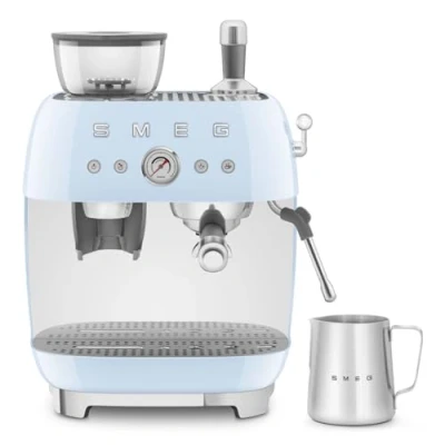Image of Smeg EGF03PBUK Espresso Coffee Machine with Grinder, 20 Bar Pump, 2.4L, 1650W, Pastel Blue