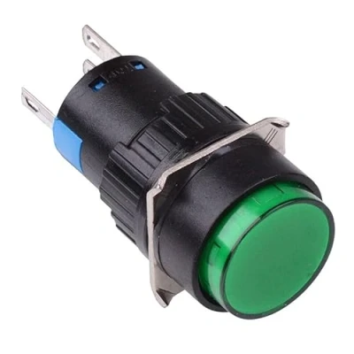 Image of Latching 16mm Push Button Switch NO/NC 230V Panel Mount (Round Latching, Green)