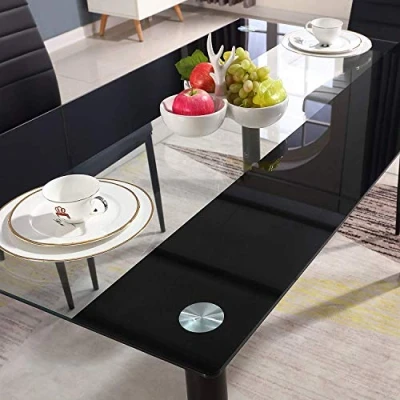Image of KOSY KOALA STUNNING GLASS BLACK DINING Table SET and 6 FAUX LEATHER CHAIRS (Black chairs)