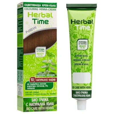 Image of Herbal Time Henna Natural Cream Color Brown Nº 10 Coloring with Nettle Extract Gray Hair Cover Temporary Dye Ammonia Free, Sulfates Parabens Free 75 ml