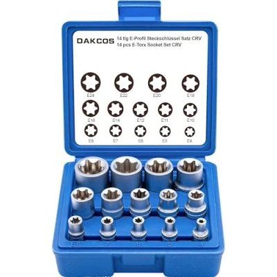 Image of DAKCOS 14pcs Female E Torx Star Socket Set, External Set 1/4&quot; 3/8&quot; and 1/2&quot; Drive Sockets E4 E24 Made of CR V with Matt Chrome Finish