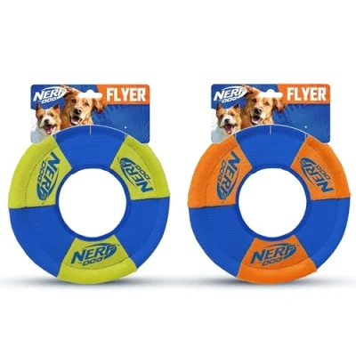 Image of Nerf Dog Toss and Tug Ring Toy, Flying Disc, Lightweight, Durable Water Resistant, 9 Inch Diameter, For Medium/Large Breeds, Two Pack, Green Orange