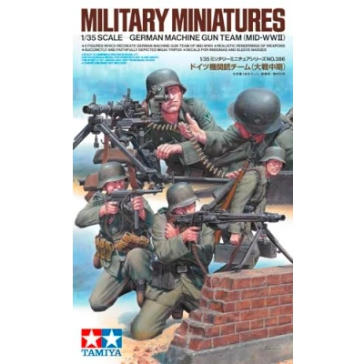 Image of TAMIYA 35386 1:35 Figure Set German MG Troops (5) with WW2 Faithful Replica, Model Building, Plastic Kit, Crafts, Hobby, Gluing, Assembly, Unpainted, Molded Color