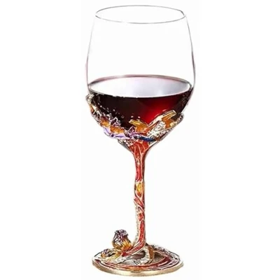 Image of YBK Tech Handmade Enamel Craft Crystal Red Wine Glass in Gift Box, Iris Design (Gold and Red)