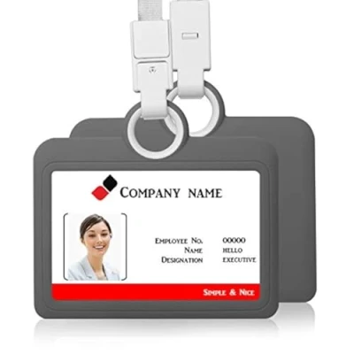 Image of Badge Holder ID Card Horizontal with Lanyard Silicon Neck Strap Heavy Duty Business Offices Supplies Gray