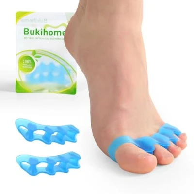 Image of Bukihome Toe Separators, 4 Pair Soft Gel Spacers to Correct Bunions, Stretcher for Therapeutic Relief from Plantar Fasciitis, Claw Toes,Hammer Toes, Foot Pain Women &amp; Men (Blue+S)