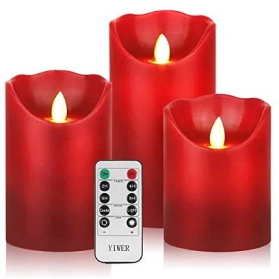 Image of YIWER Battery Candles, 4&quot; 5&quot; 6&quot; Set of 3 Real Wax Not Plastic Pillars Include Realistic Dancing LED Flames and 10 key Remote Control with 2/4/6/8 hours Timer Function 200 (3x1, Red)