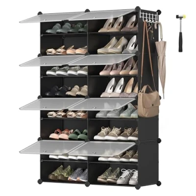 Image of SONGMICS Interlocking Shoe Rack, Plastic Storage Cabinet, 8 Slot Modular Organiser Unit, 30 x 40 cm for Each Slot, with Doors, Steel Frame, Panels, Black LPC034B01