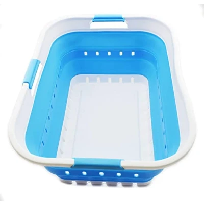Image of SAMMART 42L Collapsible Plastic Laundry Basket Foldable Pop Up Storage Container/Organizer Space Saving Hamper/Basket (1, White/Marine Blue)