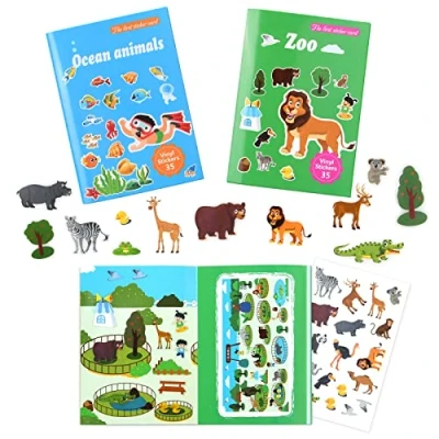 Image of Vicloon Sticker Books Toys for 3 Year Old and Up Boys Girls, 2 Packs Reusable Book Learning Toddlers, Animal Ocean World Toddler Educational Toy