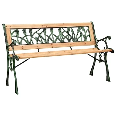 Image of vidaXL Garden Bench, Cast Iron and Solid Firwood, 122 cm, Tulip Design Backrest, Durable Brown Outdoor Patio Furniture, Industrial Style