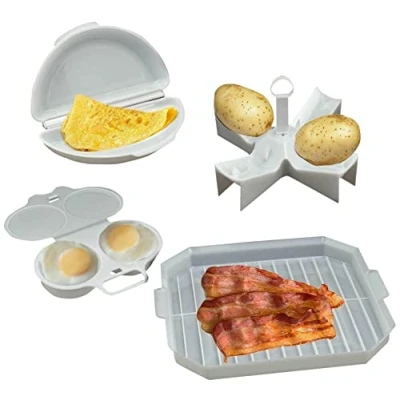 Image of MantraRaj 4 Piece Microwave Cooking Breakfast Set 4Pcs Egg Poacher Bacon Potato Omelette Maker BPa Free Plastic Dishwasher Safe Compact Design