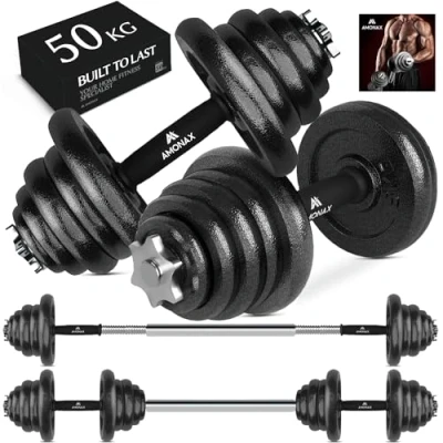 Image of Amonax 50kg Cast Iron Adjustable Dumbbells Weight Set, Barbell Set Men Women, Strength Training Equipment Home Gym Fitness, Dumbell Pair Hand Weight, Bar Bells Free Weights for Lifting