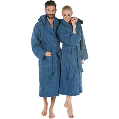 Image of CelinaTex 5001170 Terry Towelling Bathrobe with Hood Cotton Sauna Gown for Men and Women Quality Dressing Fluffy Cuddly Öko Tex Montana Hooded Size L Blue