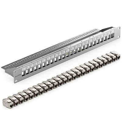 Image of deleyCON 24 Port CAT7 Patch Panel Set Distribution Modular 1 U 19 Inch Rack Mounting + 24x CAT 7 Keystone Module RJ45 LAN Network 10 Gbit/s 600 MHz Installation Cable Grey