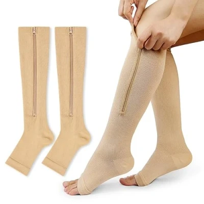 Image of 2Pairs Medical Compression Socks for Women Men, 15 20mmHg Knee High Flight Stockings, Zipper Swollen Varicose Veins Running Nurses Pregnancy Travel (Beige, S/M)