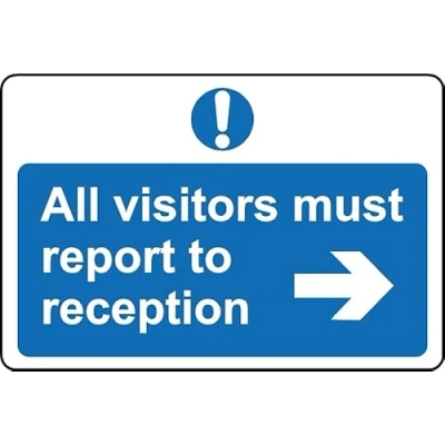 Image of All visitors must report to reception right arrow safety sign 3mm Aluminium (400mm x 300mm)