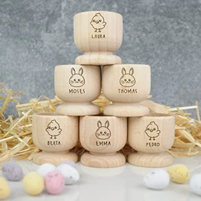Image of Personalised Egg Cup, Engraved Wooden Easter Gift for Kids, Dippy Holder, Bunny Rabbit, Chick (Pack 6)