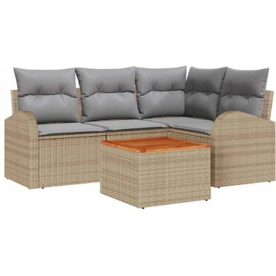 Image of vidaXL 5 Piece Garden Sofa Set with Cushions in Beige Poly Rattan and Acacia