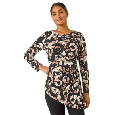 Image of Roman Originals Stretch Animal Print Twist Top for Women UK Ladies Everyday Autumn Winter Round Neckline Comfy Soft Evening Vacation Work Party Night Out Black Size 20